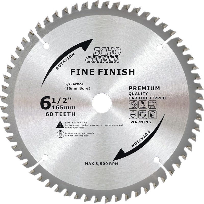 Echo Corner 6-1/2 Inch Fine Finish Wood Cutting Circular Saw Blade, Fine Cut Crosscut Framing Plywood MDF Plastic Veneer Lumber Laminate, 5/8 Inch Arbor (60-Tooth) - Image 1